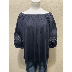 Loft, Women’s, 3/4 Puff Sleeve, Large Eyelet Flower Details, Navy Blue, Size: M